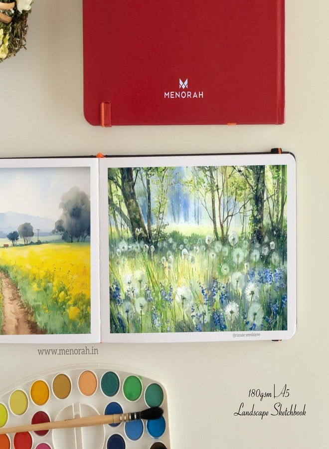 MENORAH دفتر رسم مينورا A5 - دفتر رسم فني - 180 غرام/متر مربع - غلاف مقوى، دفتر رسم - 100 صفحة/50 ورقة (مقاس 14.8 سم × 21.0 سم) - مصنوع يدويًا بالكامل - دفتر رسم - منظر طبيعي (أحمر، ألوان مائية) - Image 4